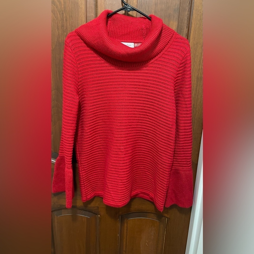 Calvin Klein women’s red Ribbed cowl neck knit sweater with bell sleeves.